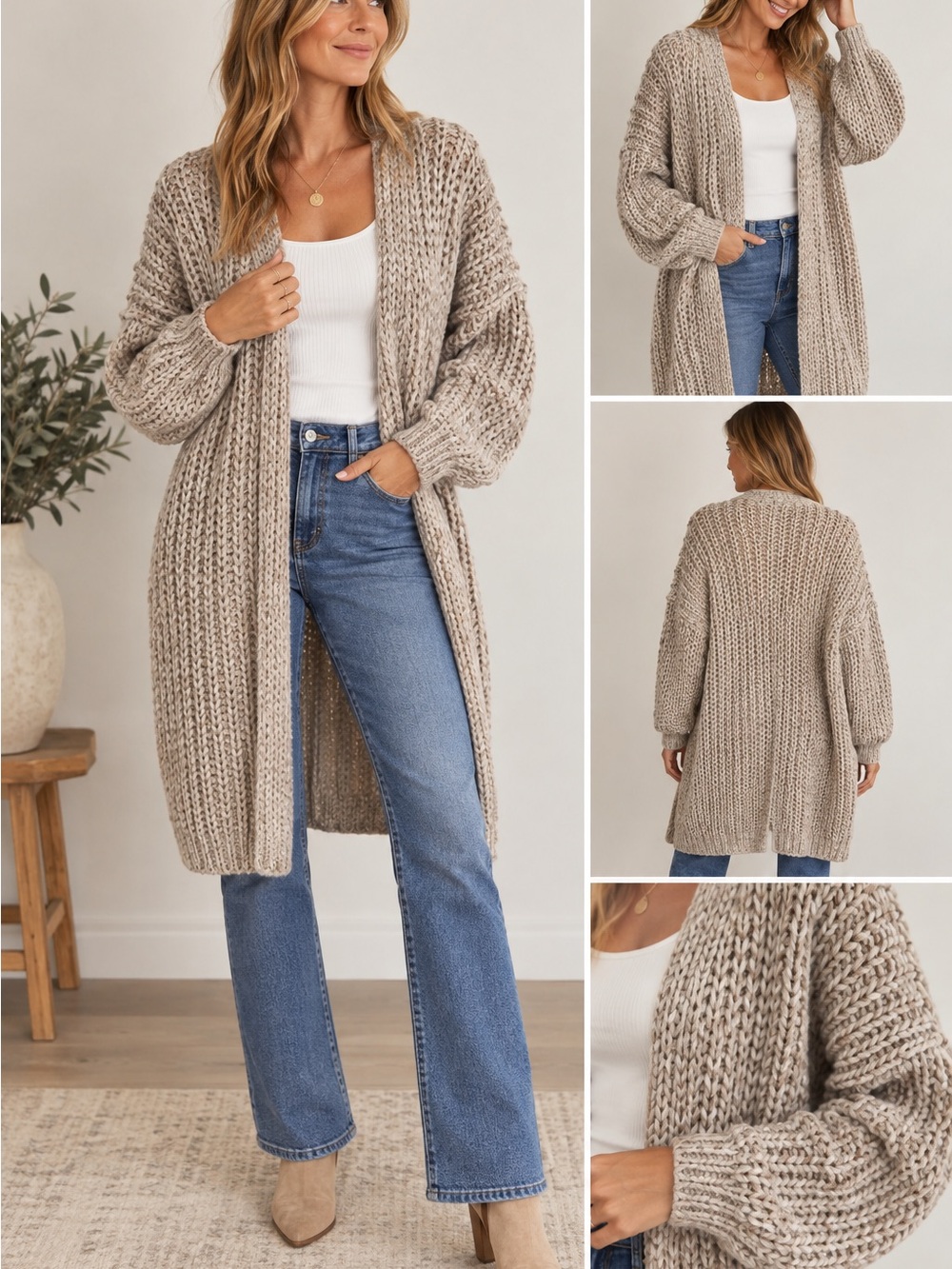 Cozy Chunky Open-Front Women's Sweater Cardigan - Cream/Taupe